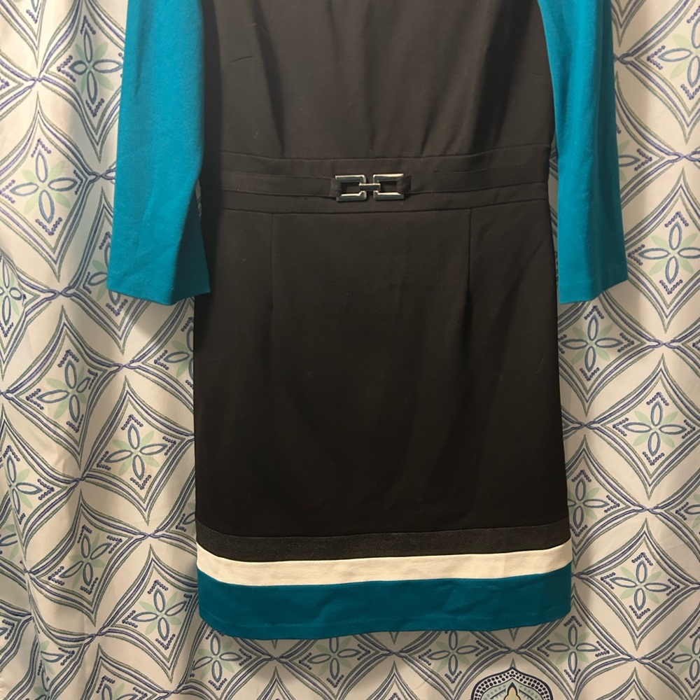 White House Black Market Teal and Black Long Sleeve Dress, lined - Picture 3 of 6